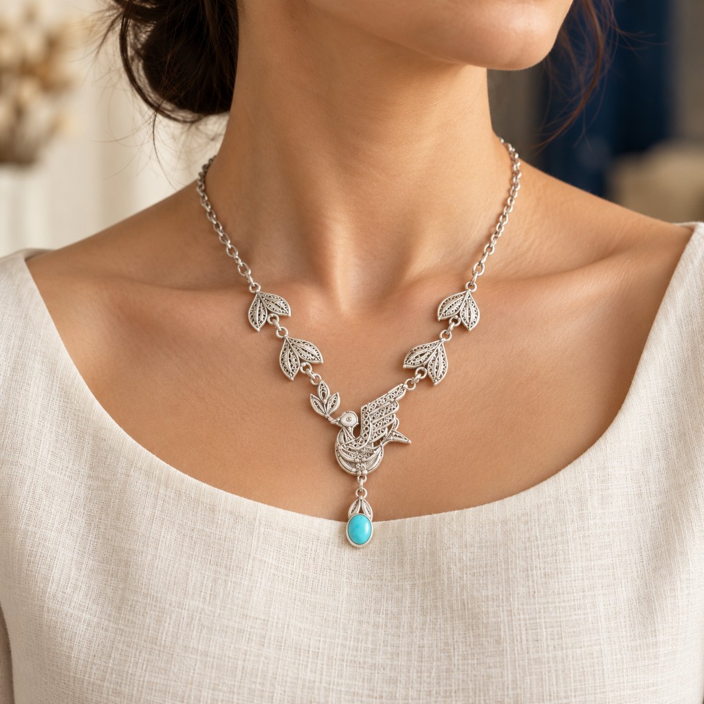 Collar de filigrana en plata con un ave y piedra verde, puesto en el cuello