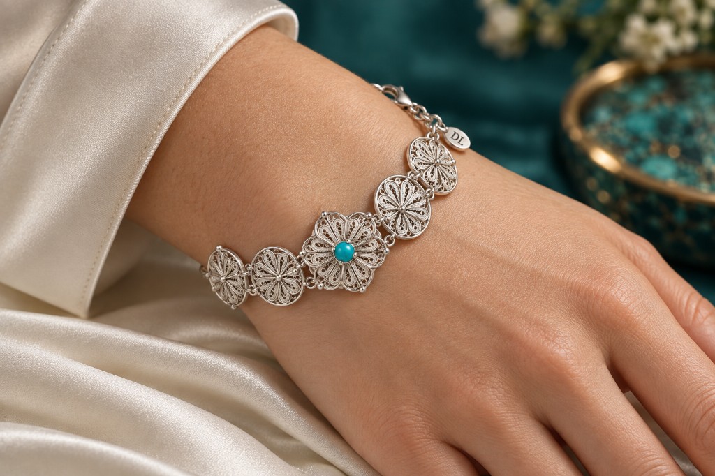 Pulsera Llampu de filigrana en plata 950, en muñeca
